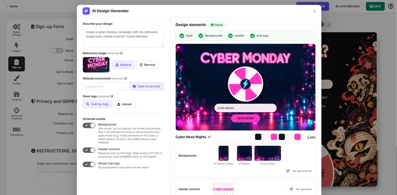 The AI Design Generator: a Cyber Monday prompt with a reference image on the left, the generated neon spin wheel design with its backgrounds, header artwork and palette on the right