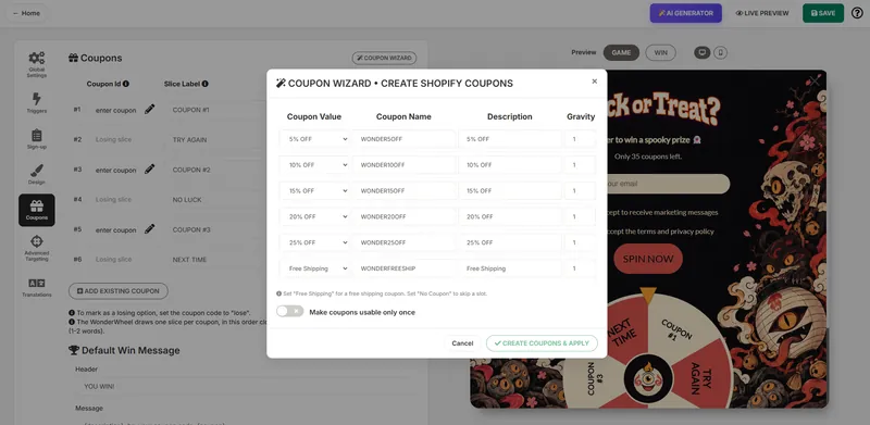 The Coupon Wizard creating six Shopify discount codes, from 5% off to free shipping, with a gravity value for each slice
