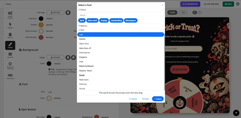 The design tab with the Google Fonts picker open: filters for serif, sans-serif, display, handwriting and monospace