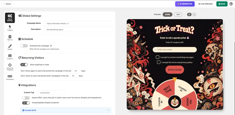 The CrazyRocket editor: global settings on the left, a live preview of a Halloween spin wheel on the right