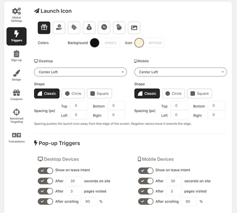 The triggers tab: launch icon styles, shapes and spacing, and pop-up triggers for desktop and mobile