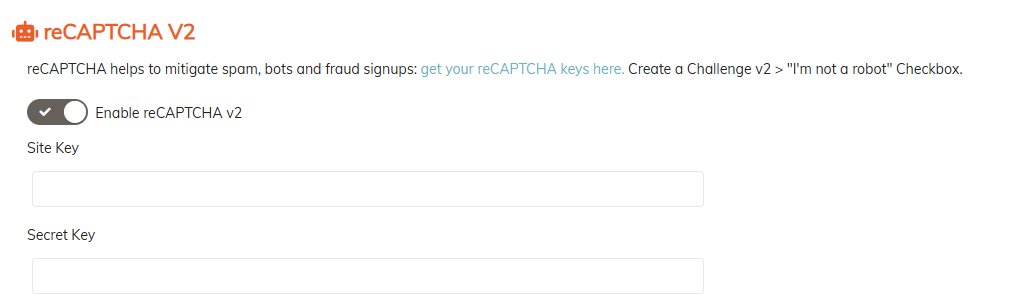 reCAPTCHA configuration in CrazyRocket dashboard