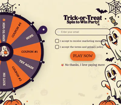 Spin wheel pop-up from the Spooky Spin Party template