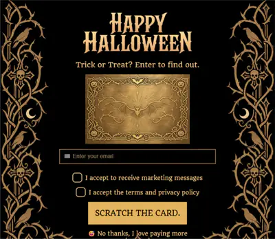Scratch card pop-up from the Gilded Crypt template